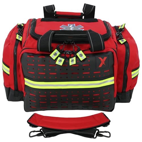 Lightning X LXMB35 EMT Trauma Bag – Large ALS Medical Bag with 6 Color-Coded Pouches, MOLLE Panel, Waterproof Bottom, Reflective EMS Gear for First Responders - color: Red