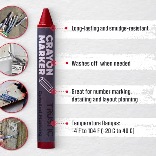 Universal Crayon Wax Marker for Industrial and Craft Detailed Marking on Lumber Metal Carton Ceramics Concrete Glass Plastic Tire, 4 x 1/2", Pack of 6 (Red) - color: Red