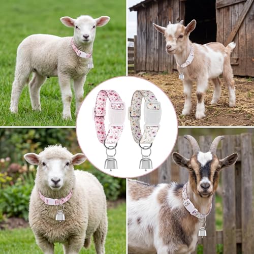 2 Pack Floral Goat Collars with Bells, Adjustable Nylon Sheep Collar 13.7-20.5 in, Loud Copper Bell Pet Anti Lost Grazing Collar for Small Farm Animal Goat Lamb Sheep Accessories, White Pink - style: Floral