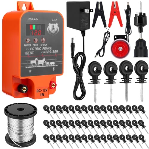 MorningRo 2.5j Electric Fence Charger with Digital Display & Alarm, Ac Dc 2 in 1 Power, 12v Input 8kv/12kv Output, 50 Black Electric Fence Insulator, 1 Socket Tool, 250ft Aluminum Wire Animal Control