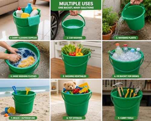 16 Liter Plastic Buckets with Handle (4 Pack) – 12 Inch Multi-Purpose Utility Buckets for Cleaning, Laundry, Gardening, Storage & Household Use – Red, Green, Orange & Blue