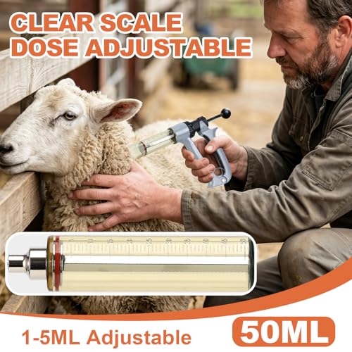 50ml Semi-Auto Repeating Livestock Syringe Gun, 5 Dose Settings | Ergonomic Grip, Clear Barrel & Luer Lock, Vet Injector for Cattle, Horses, Goats, Sheep & Pigs - color: Silver Gray50ML-B