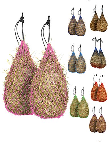 Majestic Ally 2 pcs Slow Feed 42” Hay Net for Horses, Strong Small 2x2” Holes, Nylon Rope Hanging, Adjustable Travel Feeder for Trailer and Stall, Simulates Grazing, Reduce Waste - color: Pink