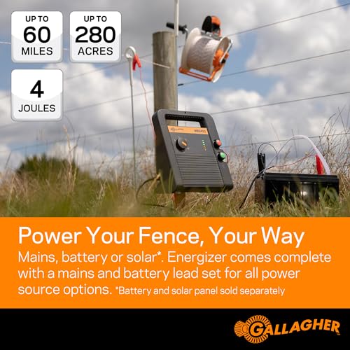 Gallagher MBS400 Multi-Power Fence Energizer | 4 Joule Electric Fence Charger for Livestock & Pasture Fencing | 110V Plug-in Battery or Solar Compatible | Powers Up to 60 Miles