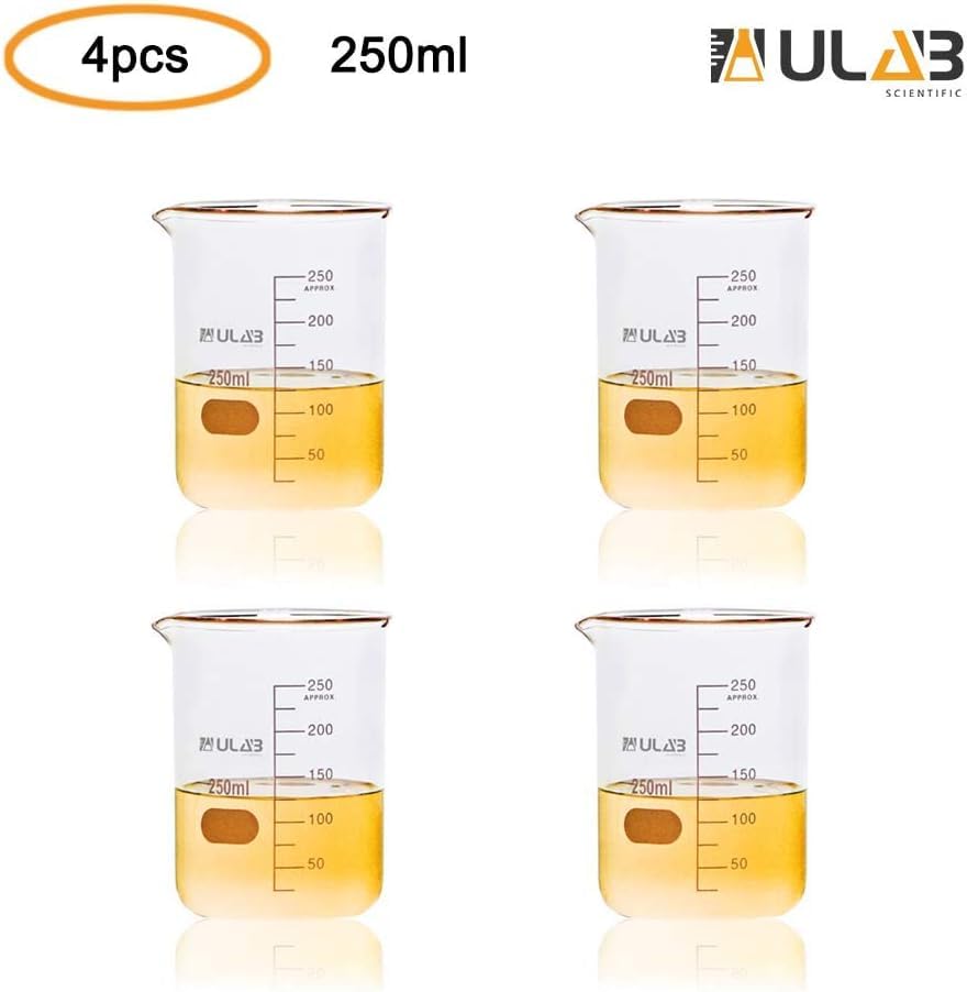 ULAB Scientific Glass Beaker Set, Vol. 250ml, 3.3 Borosilicate Griffin Low Form with Printed Graduation, Pack of 4, UBG1015 - style: Vol.250ml,Pack of 4
