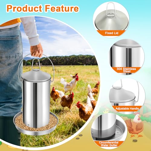 RYFT Automatic Chicken Feeder 3KG/6.6lbs, Stainless Steel Poultry Feeder, Heavy Duty Thickness 0.035 in / 0.9 mm, with Handle, Top Filled, Durable and Rust Resistant - size: 6.6lbs