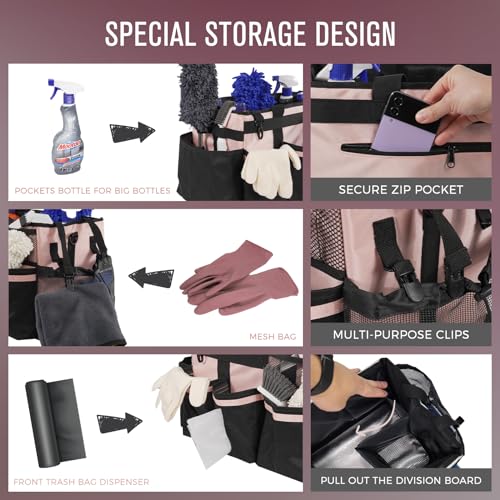 SCAVATA Wearable Cleaning Caddy, Cleaning Caddy Supplies Organizer with Handle & Shoulder Straps for Housekeepers, Under Sink & Car Cleaning Tool Organizers Bag with 4 Foldable Divider (Pink) - color: Pink
