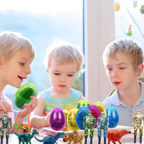 8 Pack Easter Jumbo Princess Deformation Prefilled Easter Eggs with Toys,Party Favors Gift for for Girls Toddlers Kids, Easter Basket Stuffers Fillers, Classroom Prize Supplies (Soldier+Dinosaur) - style: soldier+dinosaur