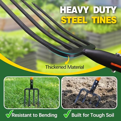 Pitch Fork for Garden, 4-Tines Garden Fork, 45-Inch Spading Fork, Heavy Duty Compost Digging Fork with Steel Handle and Enhanced D-handle, Orange