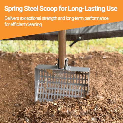 Chicken Poop Scooper Spring Steel Shovel 38-66in Extendable Handle | 3 Adjustable Angle Sifting Shovel Professional Poultry Litter Cleaner for Chicken Coop, Duck, Goat and Sand - size: 9" W x 2.5" D