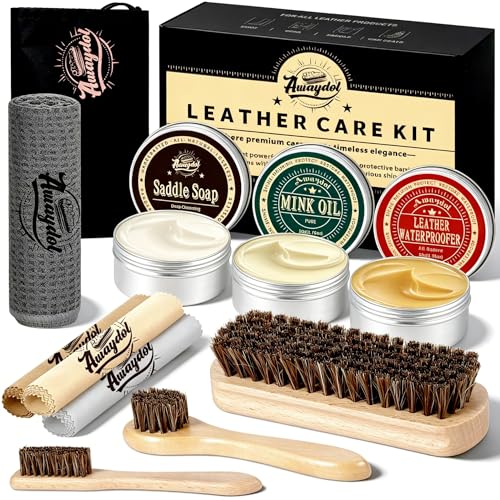 11 PCS Leather Care Kit - Horsehair Brushes,Saddle Soap,Waterproofing Wax,Mink Oil Conditioner,Polishing Cloth,Microfiber cloth,Boot Shoe Shine Cleaning Kit Gift for Men Cowboy Husband Dad ﻿