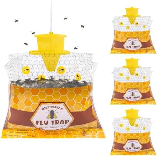 Disposable Hanging Fly Traps Outdoor Bags with Dissolvable Bait-4 Pack | 30g Pre-Baited Fly Hunter for Flying Insects, Weatherproof Outdoor Fly Bags, Fly Catcher for Chicken Coop Barn Ranch Farm - size: 4 Packs