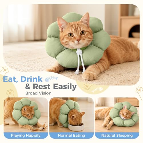 Avont Soft Cat Cone S Sagegreen Post-Surgery Anti-Lick Adjustable | Sagegreen S, Neck 5.9-9.8", Anti-Lick, Breathable, Lightweight, Soft Cotton, Adjustable Drawstring - color: Sagegreen, size: S (5.9" – 9.8")