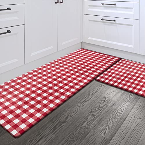 Sunlit Set of 2 Anti Fatigue Kitchen Floor Mat, Non Slip Waterproof Comfort Standing Mat, 0.4 Inch Thick Cushioned Farmhouse Kitchen Rug Runner, White Red Buffalo Check (17"x28"&17"x47") - color: Red
