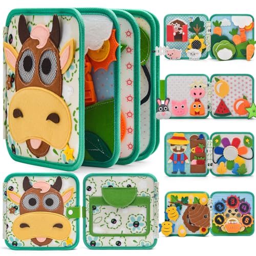 Montessori Busy Book for Toddlers 1-3, Felt Quiet Book & Busy Board for Preschool Learning, Fine Motor Skills & Sensory Play, Educational Travel Toy and Gift for Kids – Farm Animals Theme, Green - style: Farm-10 Pages