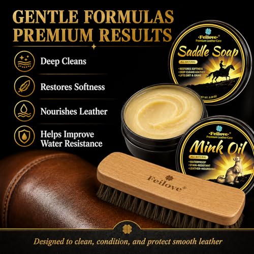 Feilove Leather Boot Care Kit Gift Set with Mink Oil, Saddle Soap, Horsehair Brushes, Applicators & Cloth for Cowboy Boots, Work Boots, Saddles & Tack