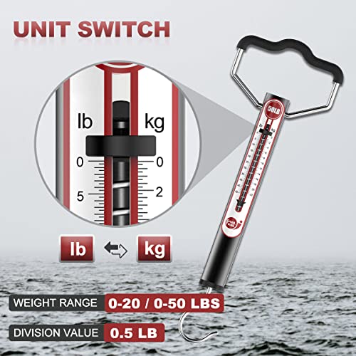 20 LB Aluminum Spring Fish Scale with Peak Marker & Zero Reset | Mechanical Tube Fishing Weighing Gauge with Hook, Non-Digital Hand Held Pull Weigher, Hanging Drag Weight Scale - color: 20lbs
