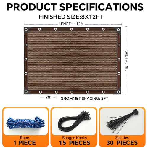 90% Sun Shade Cloth with Grommets, 8' x 12' Pergola Shade Cover Canopy, Breathable HDPE Mesh Tarp for Patio, Garden, Backyard, Porch and Outdoor Privacy, Mocha - size: 8'x12'