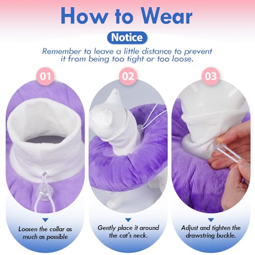Lightweight Soft Cat Cone After Surgery, Adjustable Donut Collar with Drawstring Buckle, Scratch Resistant, Machine Washable, Suitable for Head/Foot Wounds Recovery, Purple Large - color: Purple, size: Large (Neck:9")