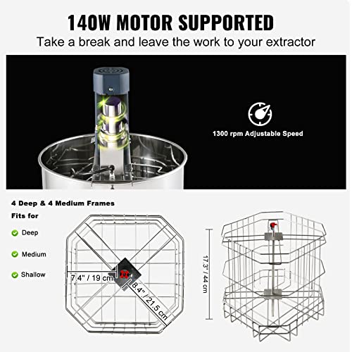 VEVOR Electric Honey Extractor, 4/8 Frame, Silver | Stainless Steel, Transparent Lid, Height Adjustable Stand, Honeycomb Drum Spinner, Apiary Centrifuge Equipment - style: 8 Frame Rack(4 Deep Frames)