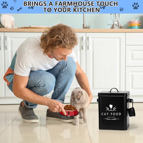 Meraki Home Farmhouse Cat Food and Treats Containers + Feed Scoop + Pet Food Bowl - Tight Lids - Large Metal Storage Bin - Great Gift for Cute Pets (Matte Black) - color: Matte Black