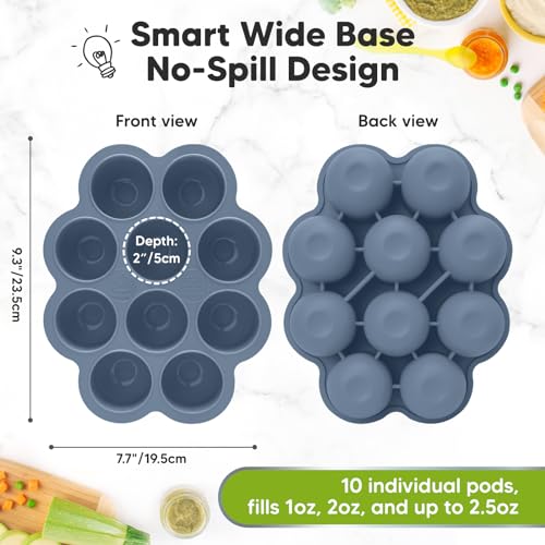 KeaBabies Silicone Food Freezer Trays with Lid, 2oz x 10 Pods (Slate) | Baby Food Storage Containers, Easy Puree Meal Prep, Breast Milk Silicone Freezer Molds, Dishwasher, Microwave Safe, BPA-Free - color: Slate