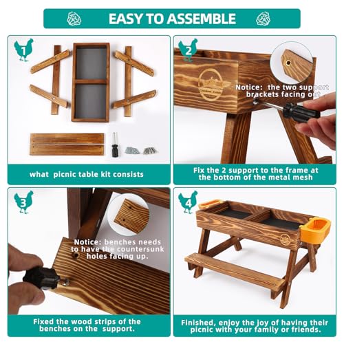 Chicken Picnic Table, Chicken Feeder No Waste Handmade Carbonized Wooden, Large DIY Chicken Feeder Kit, Wild Bird, Duck & Squirrel Feeders, Mesh Bottom Keep Food Fresh and Dry Easy to Clean and Fill
