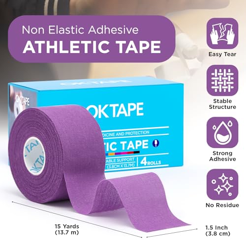 OK TAPE 4 Rolls Athletic Tape, Sports Tape for Injuries, Rigid, Easy Tear | Medical Tape, Wrist Tape, No Sticky Residue, Secure Ankle, Finger, Knee- 1.5inch x 15yards (Purple) - color: Purple-4 Rolls, size: 15 yards