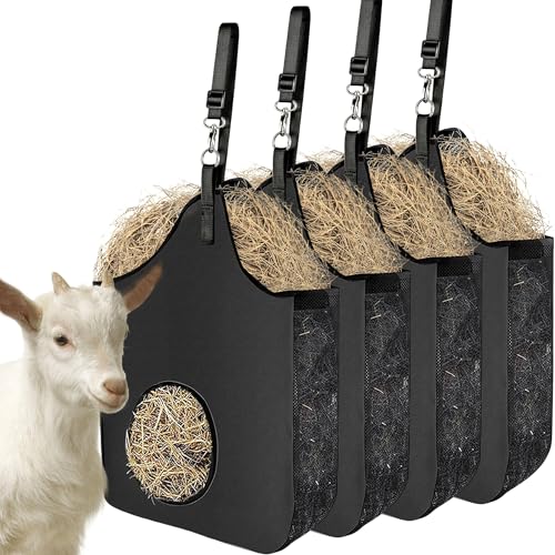 4 Pcs Hay Bag Hanging Goat Feeder Tote with Adjustable Strap | Premium Oxford Cloth with metal ring,Breathable mesh sides,for Horses Donkeys Cows Alpacas Ostriches & Other Animals,Black - color: black-4