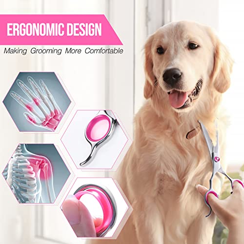 Gimars Dog Grooming Scissors Kit Professional 4CR with Safety Round Tip, 5 in 1 Heavy Duty Titanium Coated Thinning & Curved & Straight Shears - style: Pink 5 in 1