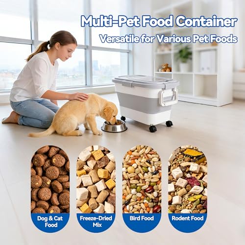 Dog Food Storage Container 20-25lbs, Airtight Pet Food Bin with Locking Lid & Clear Window, Collapsible Rolling Storage Container with Wheels and Scoop, Gray - color: Gray-M