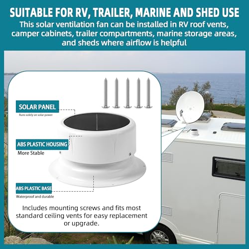 RV Solar Powered Ventilation Fan with Upgraded Larger Solar Panel Outdoor Solar-Powered Ceiling Vent Exhaust Fan with Built-in Mesh Screen for Camper, Trailer, Marine, Shed Ventilation - White