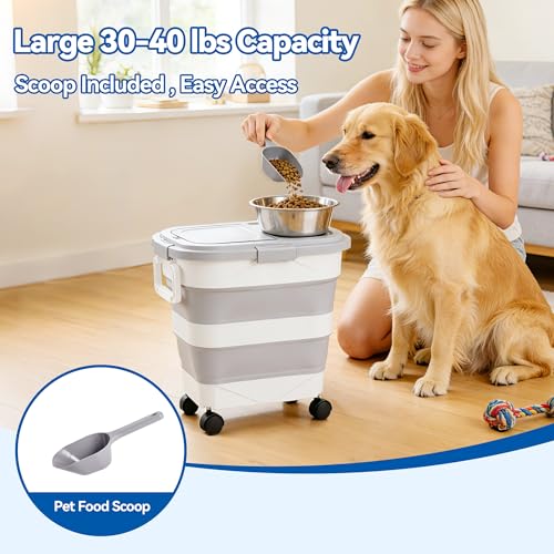 Dog Food Storage Container 30-40lbs, Airtight Pet Food Bin w/ Clear Window | Collapsible Rolling Storage Container with Wheels; Foldable Bucket with Locking Lid & Scoop; Gray - color: Gray-L