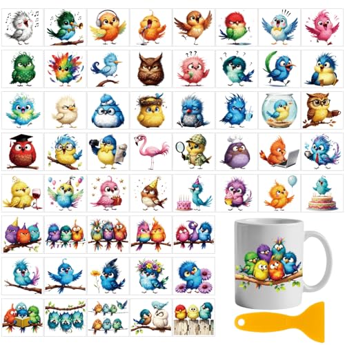 GLOBLELAND 56 Sheets Funny Cartoon Birds Rub on Transfer Stickers 3.9x3.9 inch with Clear Storage Box Colorful Birds Rub on Transfer for Crafts Cup Vase Window Glass - color: Cartoon Birds