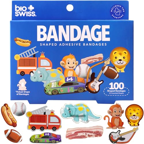 BioSwiss Bandages, Assorted Animal, Fun and Food Shaped Self Adhesive Bandage, Latex Free, Sterile Wound Care, 100 Count - size: 100-Count Box, style: Boys Assorted