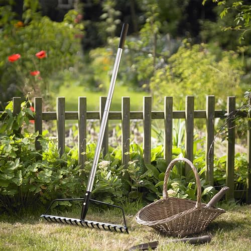 YEELOR Garden Rake, Heavy Duty 16-Tine Bow Rake, Metal | Adjustable Stainless Steel Handle, For Yard Work, Loosening Soil, Leveling Mulch, Gathering Leaves