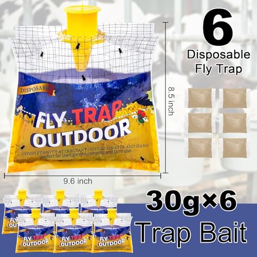 Fly Traps Outdoor Hanging for Patio, 6 Pre-Baited Flies Bags Disposable | Flies Catcher Repellent, Reusable Stable Horse Ranch Trapper Outdoor Hanging Fly Killer Helps Control Flies - size: 6 pack