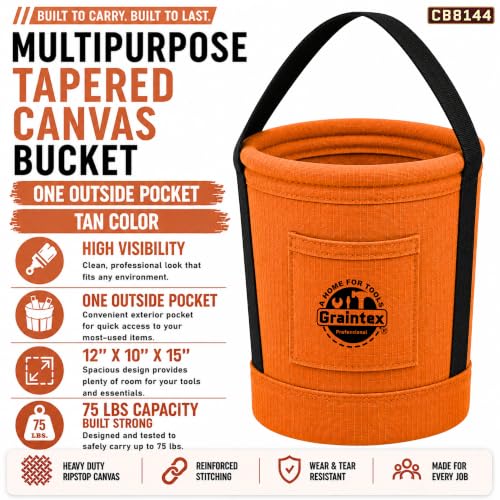 Graintex Tapered Canvas Bucket 12"x10"x15", Utility Tool Bucket One Inside Pocket, Reinforced Base & Carry Handle, Ripstop Canvas - Tan - color: Tan