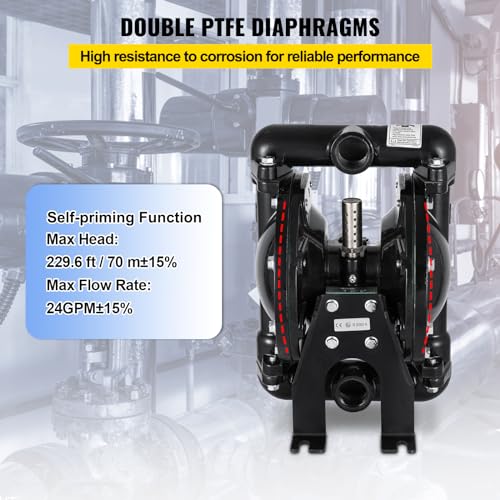 VEVOR Air-Operated Double Diaphragm Pump 1 inch Inlet Outlet Aluminum 35 GPM Max 120PSI for Industrial Use, QBY4-25LF46-1inch-35 | for Diesel Grease Oil, 229.6 ft Max Head Lift, 1 Inch Inlet & Outlet, Aluminum Alloy Body, Sealed Ball Valve, Industrial Use