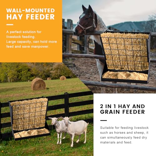 Hay Feeder for Goats 25 Gallon Horse Hay Rack for Sheep | Wall Mount 2 in 1 Hay and Grain Feeder, Hanging, Adjustable, Durable Metal Material, No Waste Design, Easy to Install