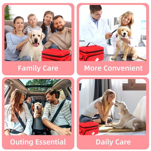 First Aid Bag Empty, 5-Piece Set with Large Medical Organizer, 3 Portable Pouches & Carry Bag for Pet First Aid Kits, Home Adventure Travel Medical Supplies (Red)