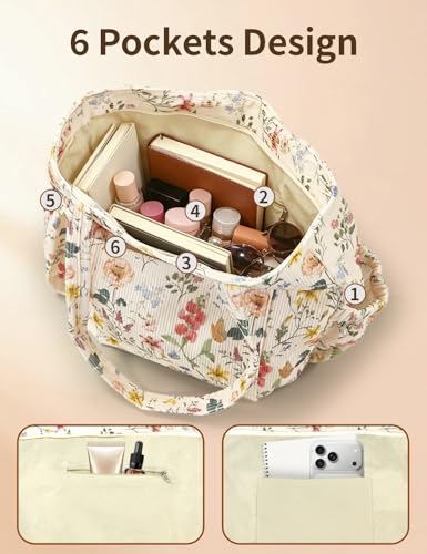 Corduroy Tote Bag for Women, Cute Floral Tote Bag with Zipper, Large Shoulder Handbag with Multi-Pockets for Work Travel Gym - color: Retro Floral