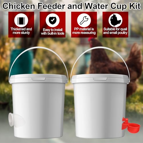 Potchen 25 Sets Chicken Feeder and Water Cup Kit, Quail & Chick Port Feeder and Automatic Chicken Waterer with Hole Opener, Drill, DIY Waterer for Various Poultry