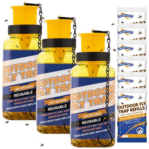 3 Pack Fly Traps Outdoor with 6 Natural Bait Refills | Reusable Hanging Fly Catcher for Patio, Garden, Orchard, Yard, Ranch and Horse Farm