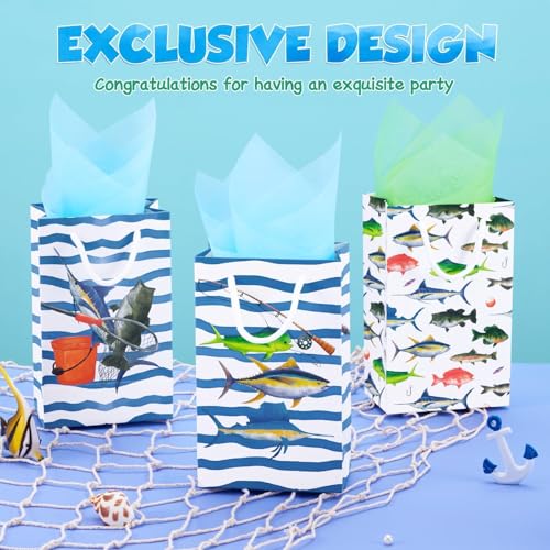WERNNSAI 16 PCS Gone Fishing Party Goodie Bags | Gone Fishing Birthday Supplies, Fishing Candy Gift Bags with Handle for Boys Little Fisherman, Paper Treat Favor Bag - color: Blue and White