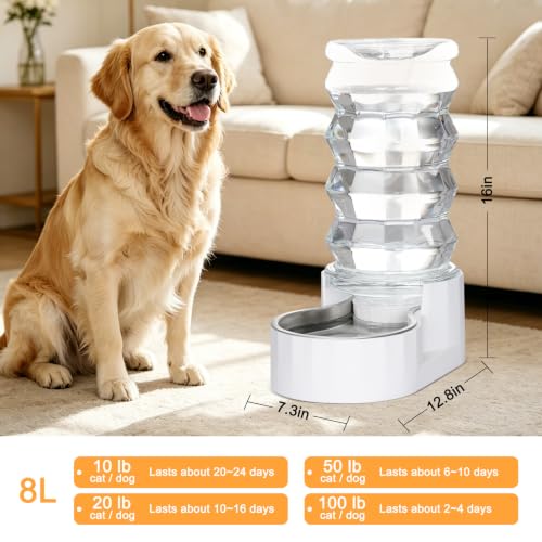 RIZZARI 8L Gravity Dog Water Dispenser: Stainless Steel Bowl Anti-Splash | Wide Mouth Easy Cleaning/ Dishwasher Safe/No Electricity Needed/ Filtered Fresh Water / Multi-Pet Homes - color: White, size: 8L