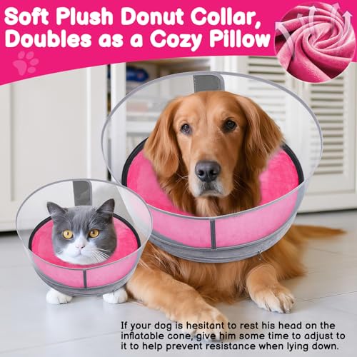2-in-1 Inflatable Dog Donut Collar for Medium Dogs After Surgery | Soft Recovery Cone Collar, Rigid & Higher Shield for Pets, Stop Licking Wounds, Patented Protective Donut Cone PinkGrey - color: Hot Pink, size: M