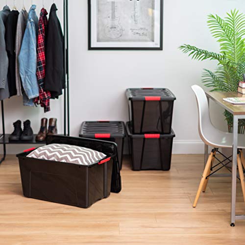 IRIS USA 4-Pack 72 Quart Storage Bins with Lids, Black | Black finish conceals stored items. Perfect for moving, blankets, clothing, and garage storage. Nestable design saves space - size: 72 Qt, style: 4 Pack
