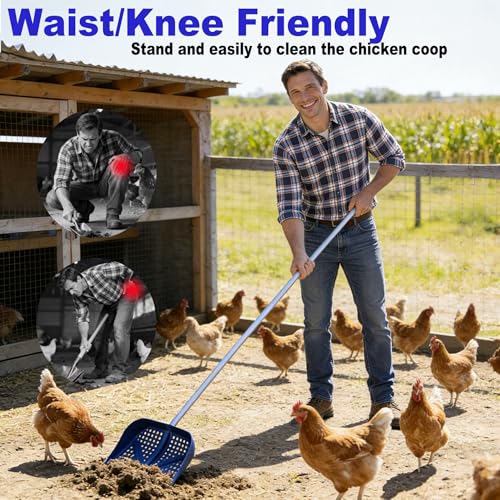 11.8inch Heavy Large 2-in-1 Chicken Poop Scooper & Rake,Adjustable Aluminum Handle（20–61"） Chicken Coop Scoop– Litter Scoop Sand & Sifting Shovel for Chicken Coops Shoveling Snow(Green) - color: Green