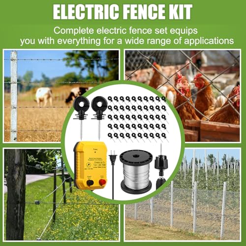 MorningRo Electric Fence Charger Kit 1J 25 Mile 250ft Wire 50 Insulators | For Chickens Poultry Containment, 110VAC, Plug in Energizer with Aluminum Wire, Garden Pond Protection Setup - style: 1 Joule